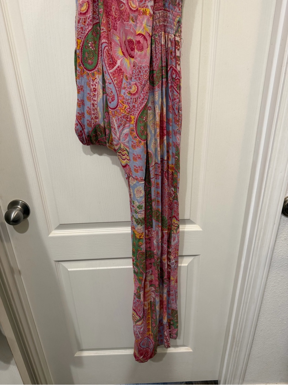 Angie Pink Patchwork Paisley Boho Wide Leg Romper Jumpsuit Smocked Back - Picture 4 of 4